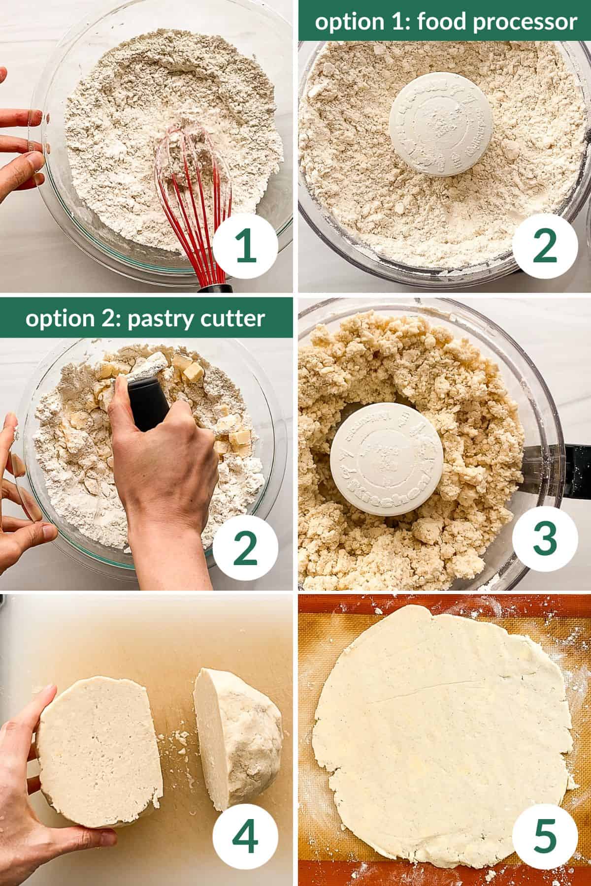 Step-by-step photos to make gluten-free pie crust in a food processor or with a pastry cutter.