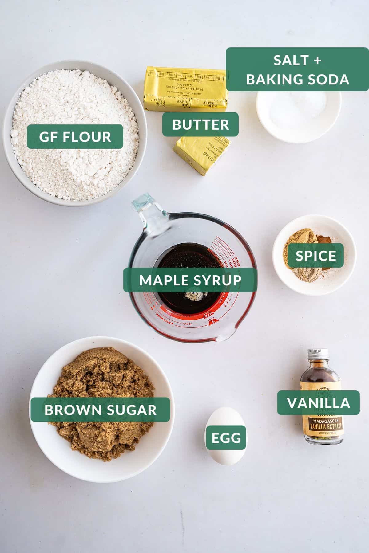 Measured ingredients to make maple brown sugar cookies.