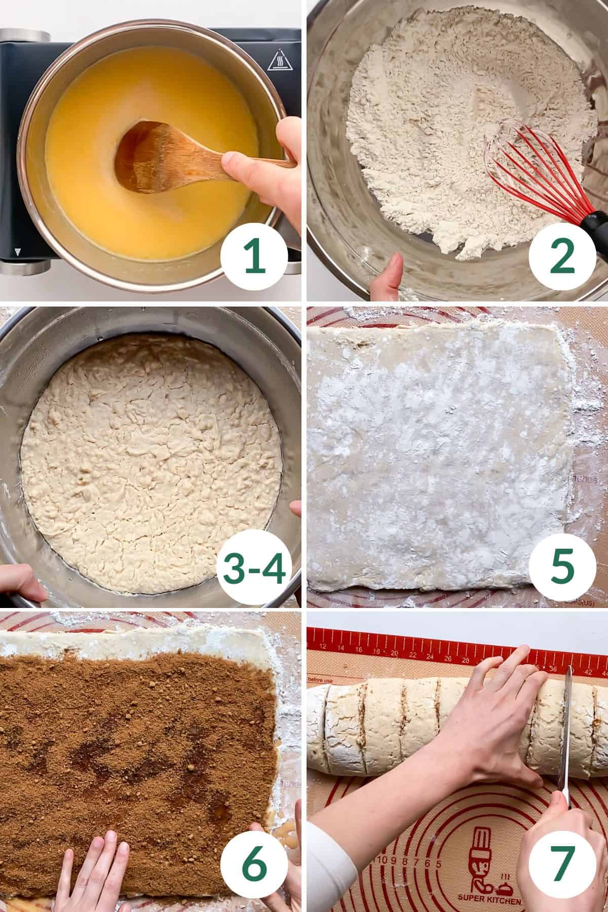 Steps 1-7 to make this recipe, including mixing the wet and dry ingredients, letting the yeast dough rise, and rolling and filling the cinnamon rolls.