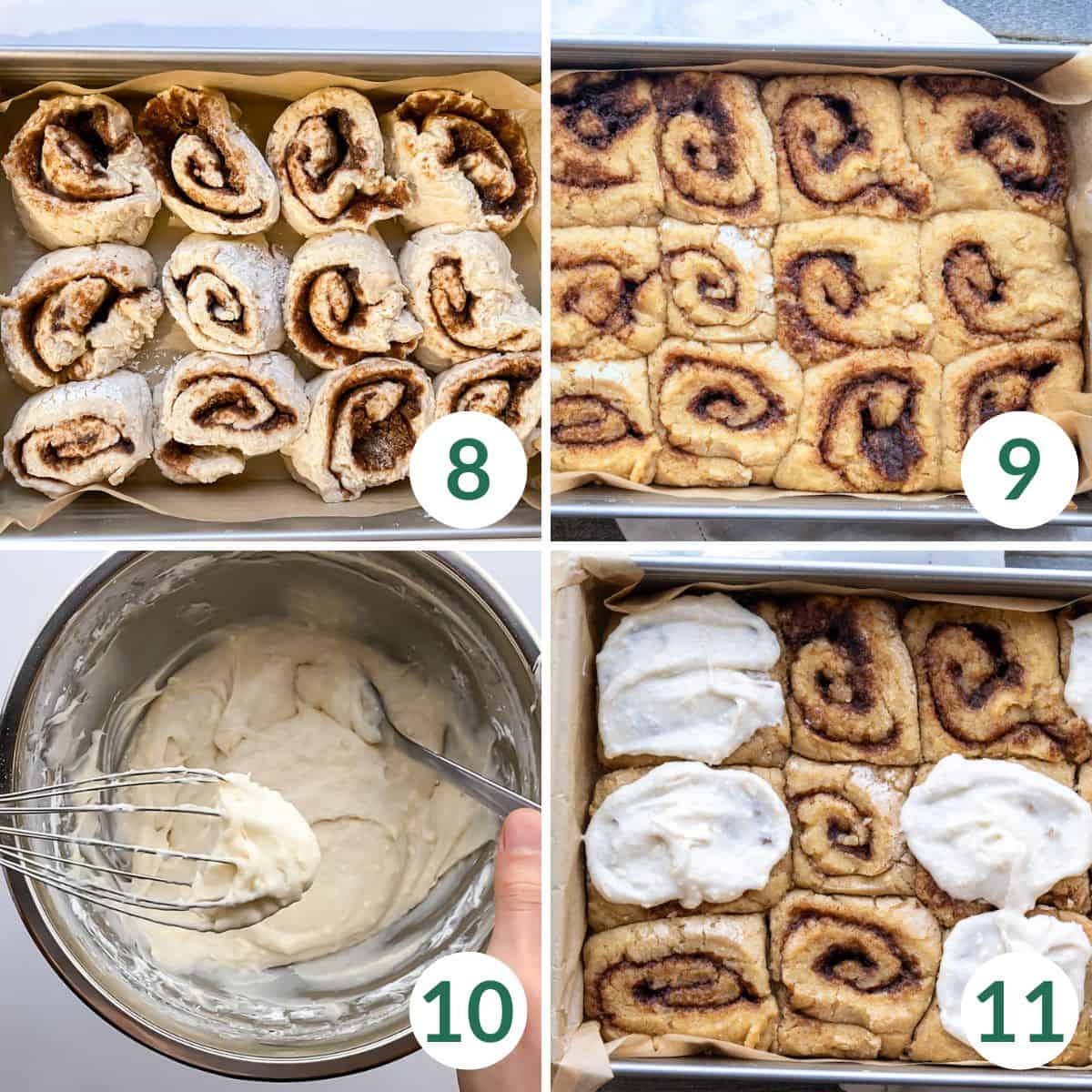 Steps 8-11 for this recipe, including a second rise of the cinnamon rolls, making the frosting, and baking them.