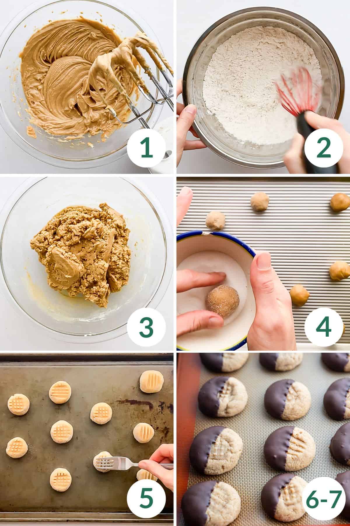How to make gluten free peanut butter cookies in 7 steps, including mixing ingredients, forming cookies, and dipping them in chocolate.