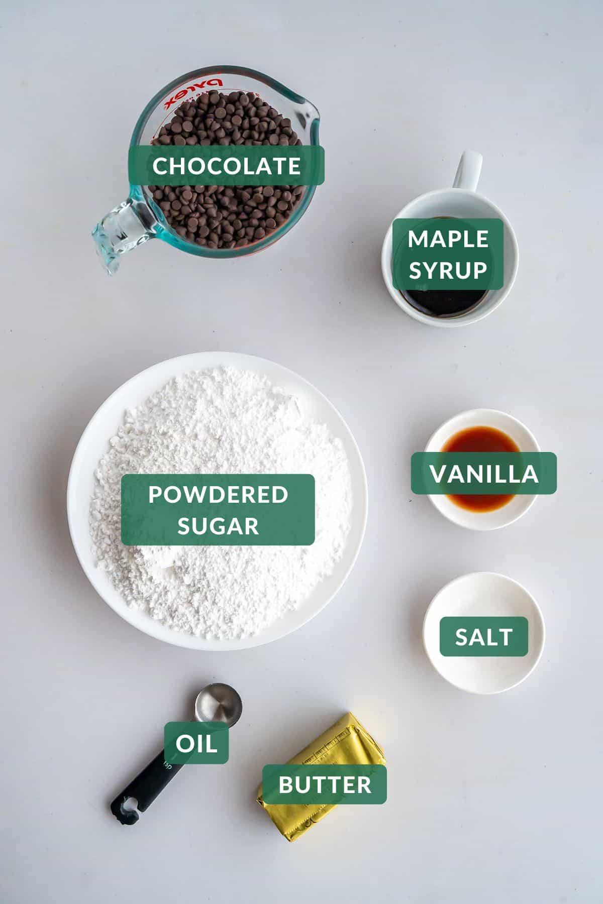 The 7 ingredients needed to make maple buttercream chocolates.