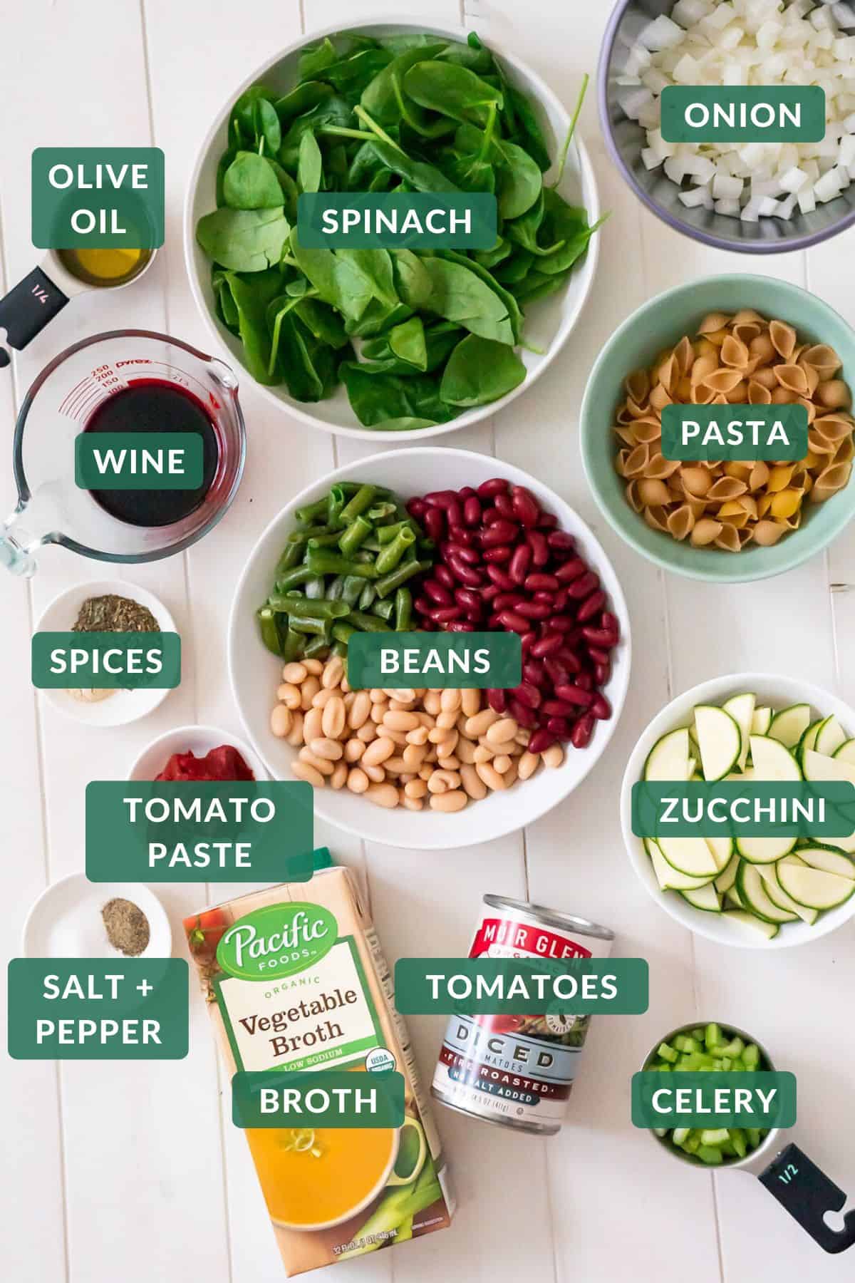 A display of the ingredients needed to make instant pot minestrone soup.