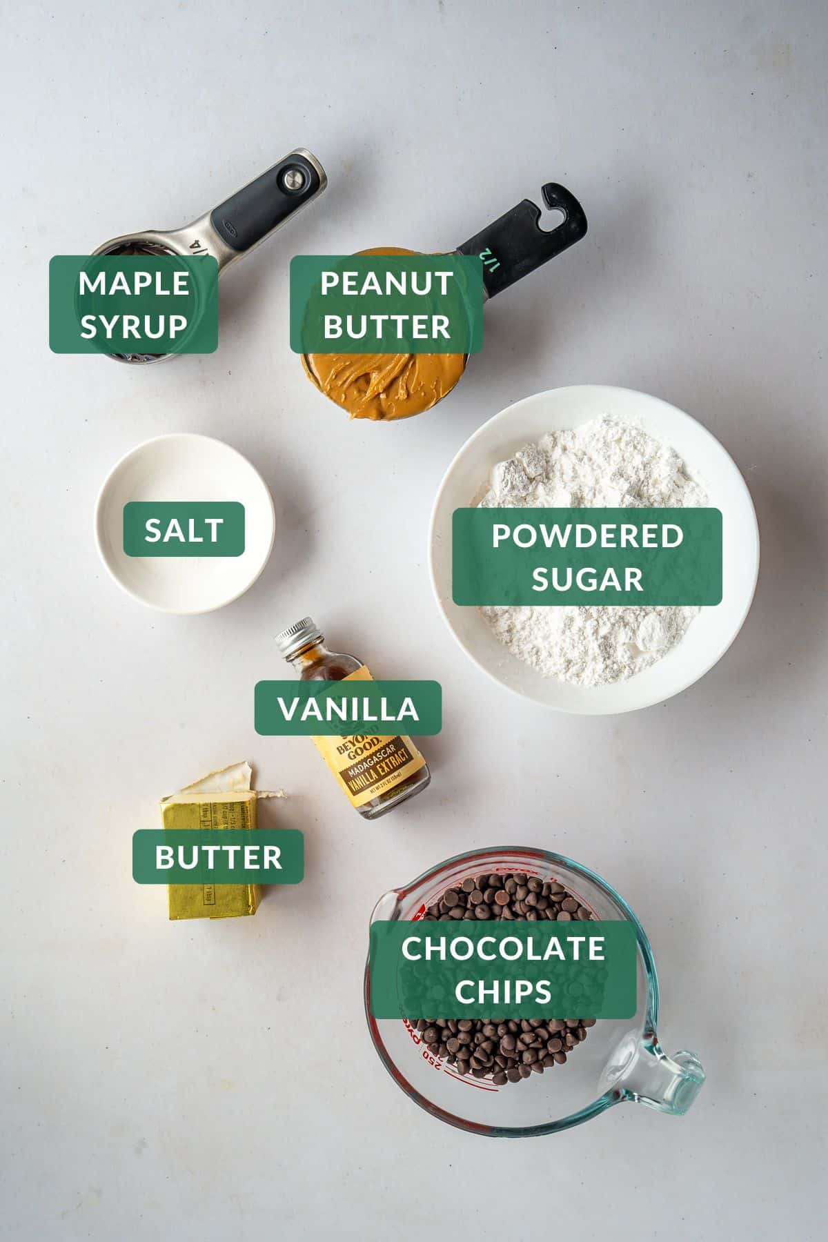 The 8 common ingredients needed to make peanut butter truffle balls.
