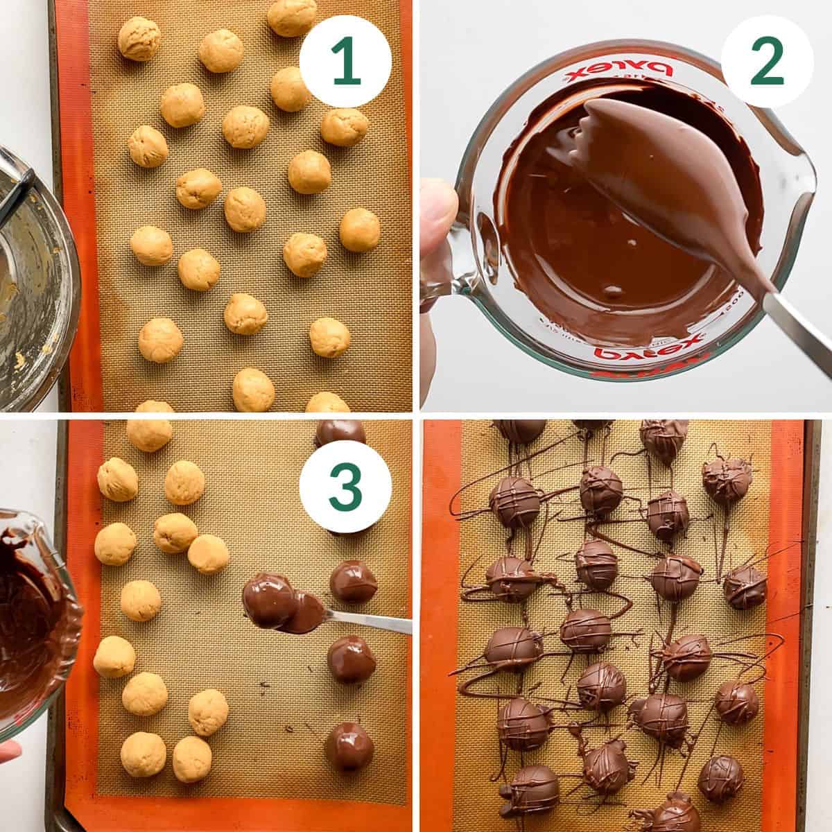 Step-by-step photos of making the peanut butter filling, melting the chocolate, dipping the filling in chocolate, and the finished truffles.