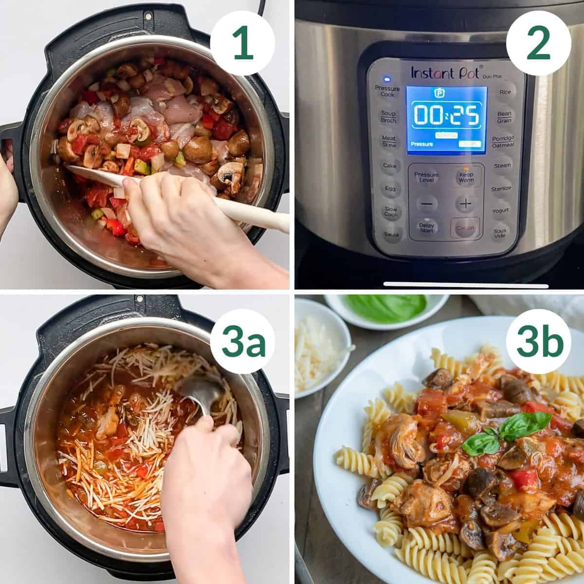 How to make instant pot chicken cacciatore including filling the instant pot, setting it for 25 minutes, stirring in the cheese and serving over pasta.