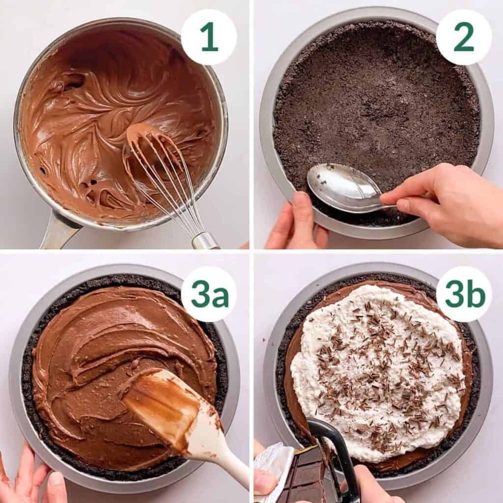 Making a chocolate custard filling, assembling the cookie crust, and putting the chocolate pie together.