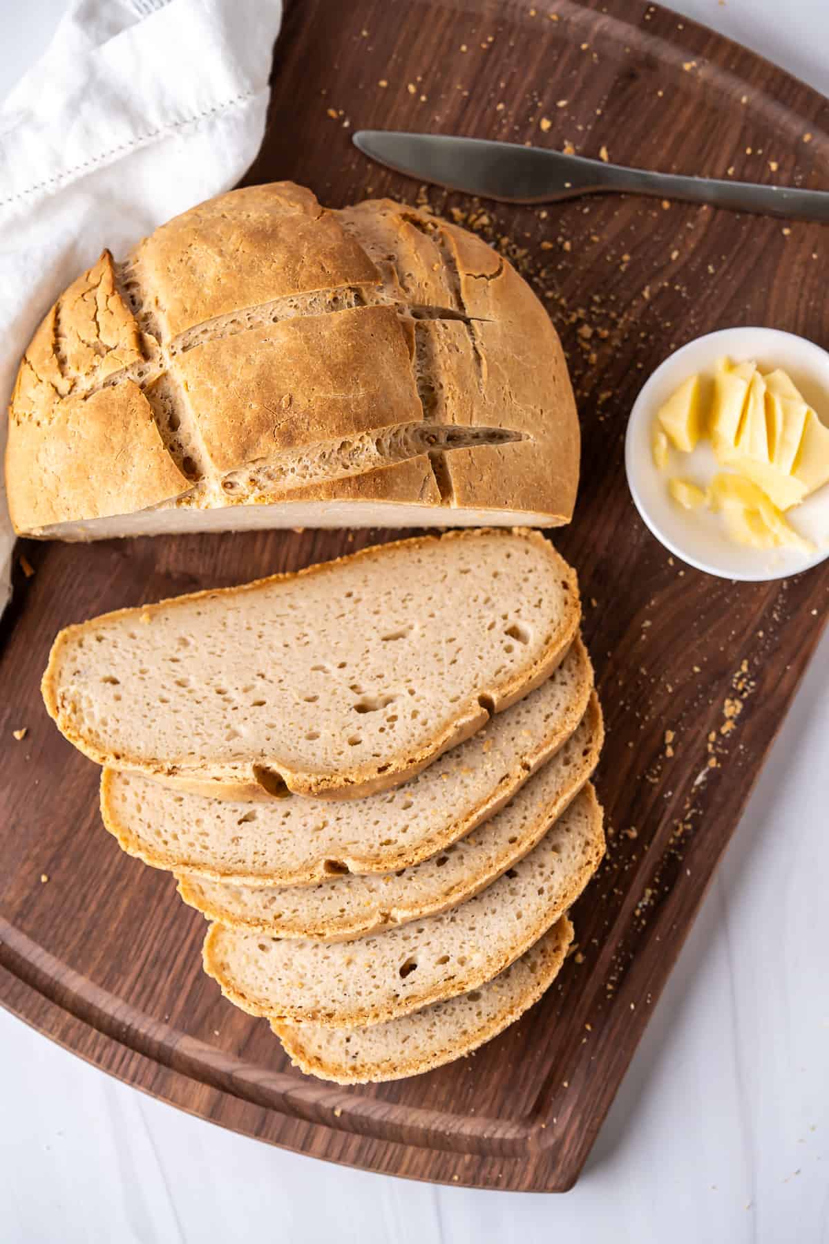 Sliced gluten-free artisan bread to show the thin slices and perfect bread consistency.