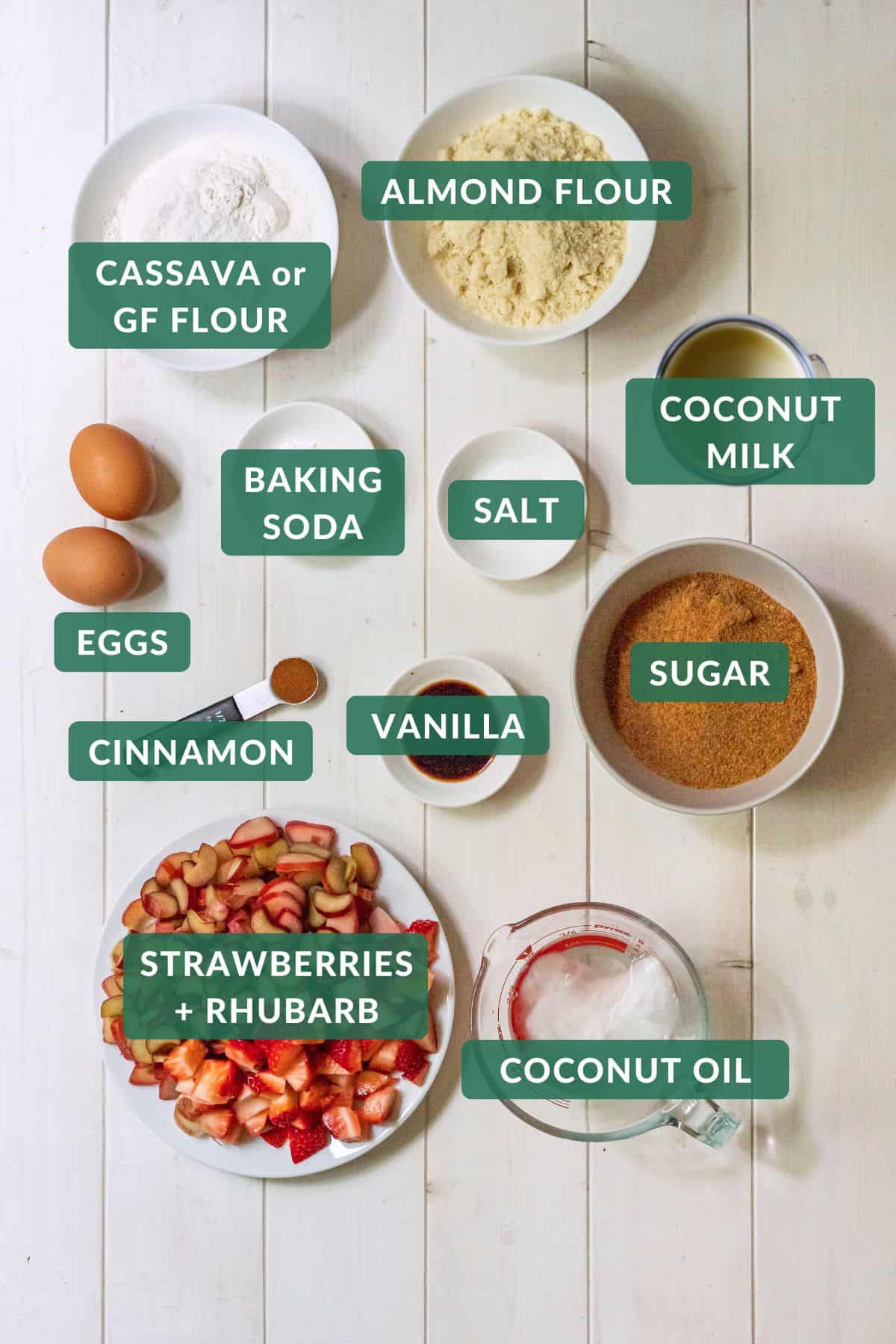 The 10 ingredients needed to make a gluten-free strawberry rhubarb coffee cake using almond flour.