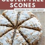 A side view of a tray of freshly baked and glazed gluten-free scones.