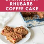 A table setting with almond flour strawberry rhubarb coffee cake.