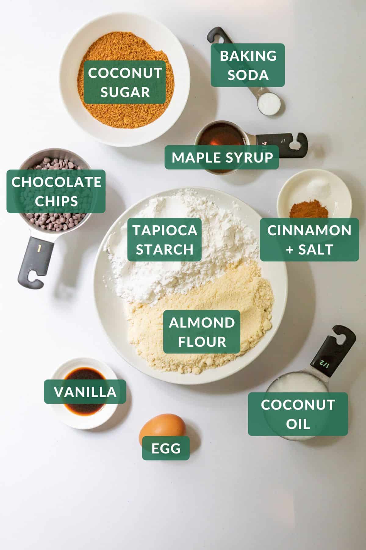 The 10 ingredients needed to make almond flour chocolate chip cookies.