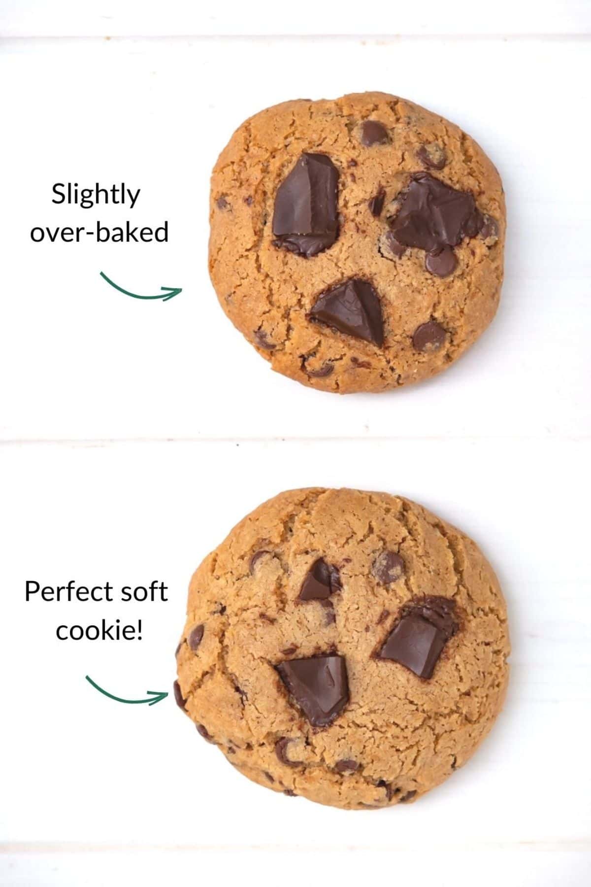 A labeled side-by-side photo of a perfectly baked cookie and a slightly over-baked cookie to help you determine when to take the cookies out of the oven.