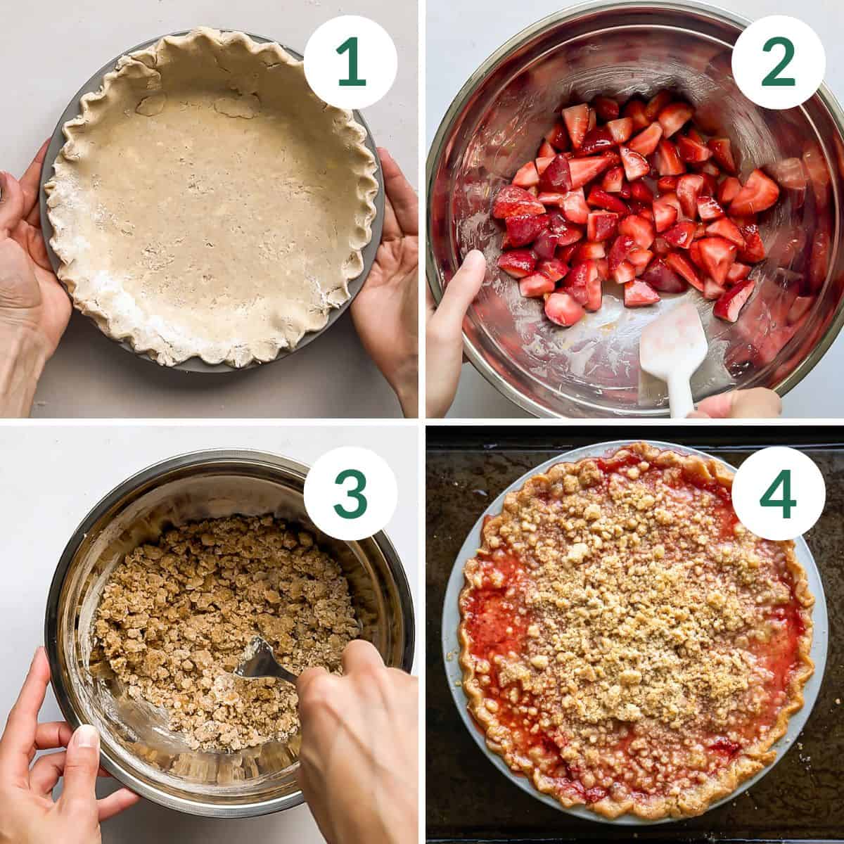 How to make baked strawberry crumble pie in four easy steps.