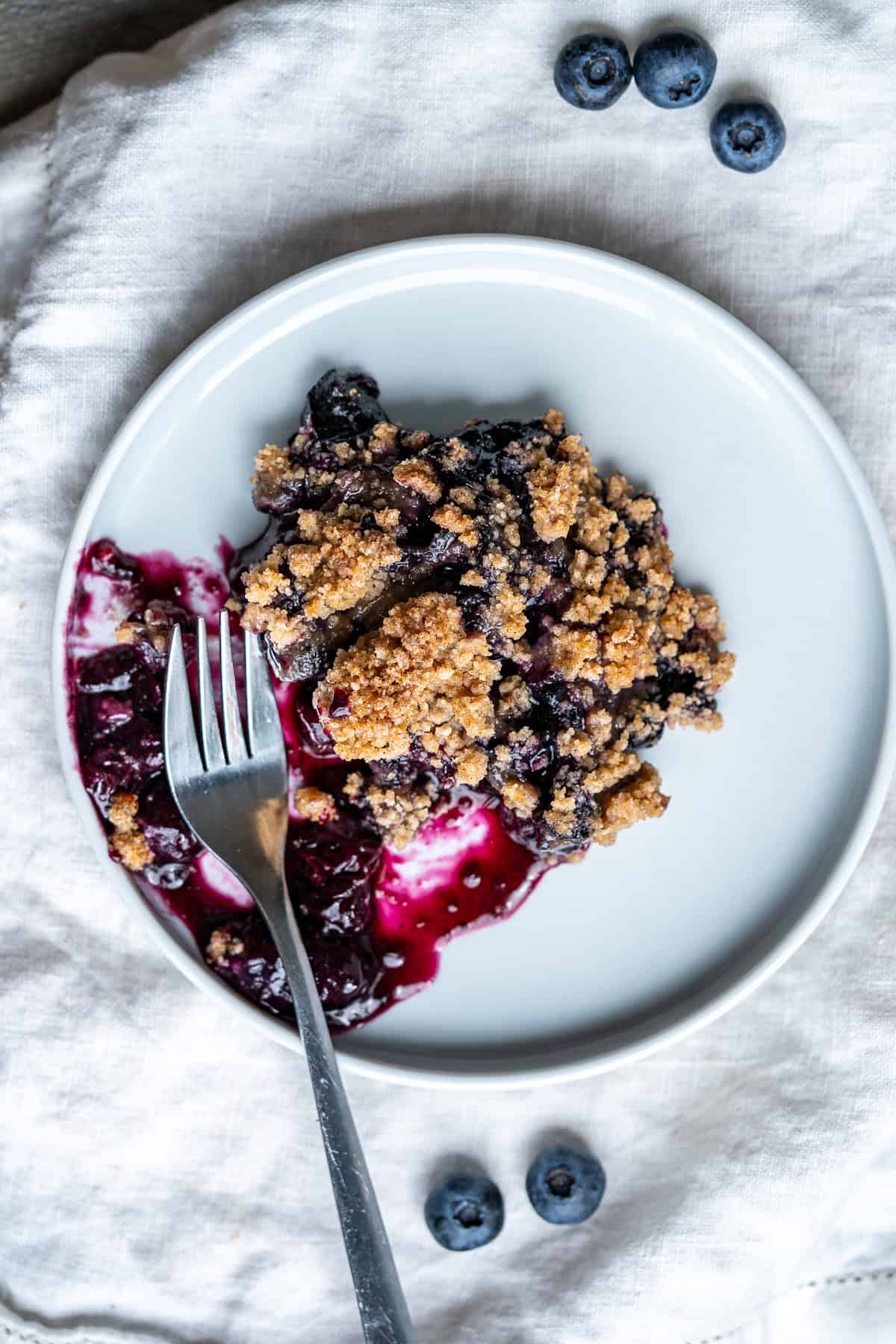 A serving of blueberry crumble that shows the crisp crumble topping and bright purple blueberry filling.