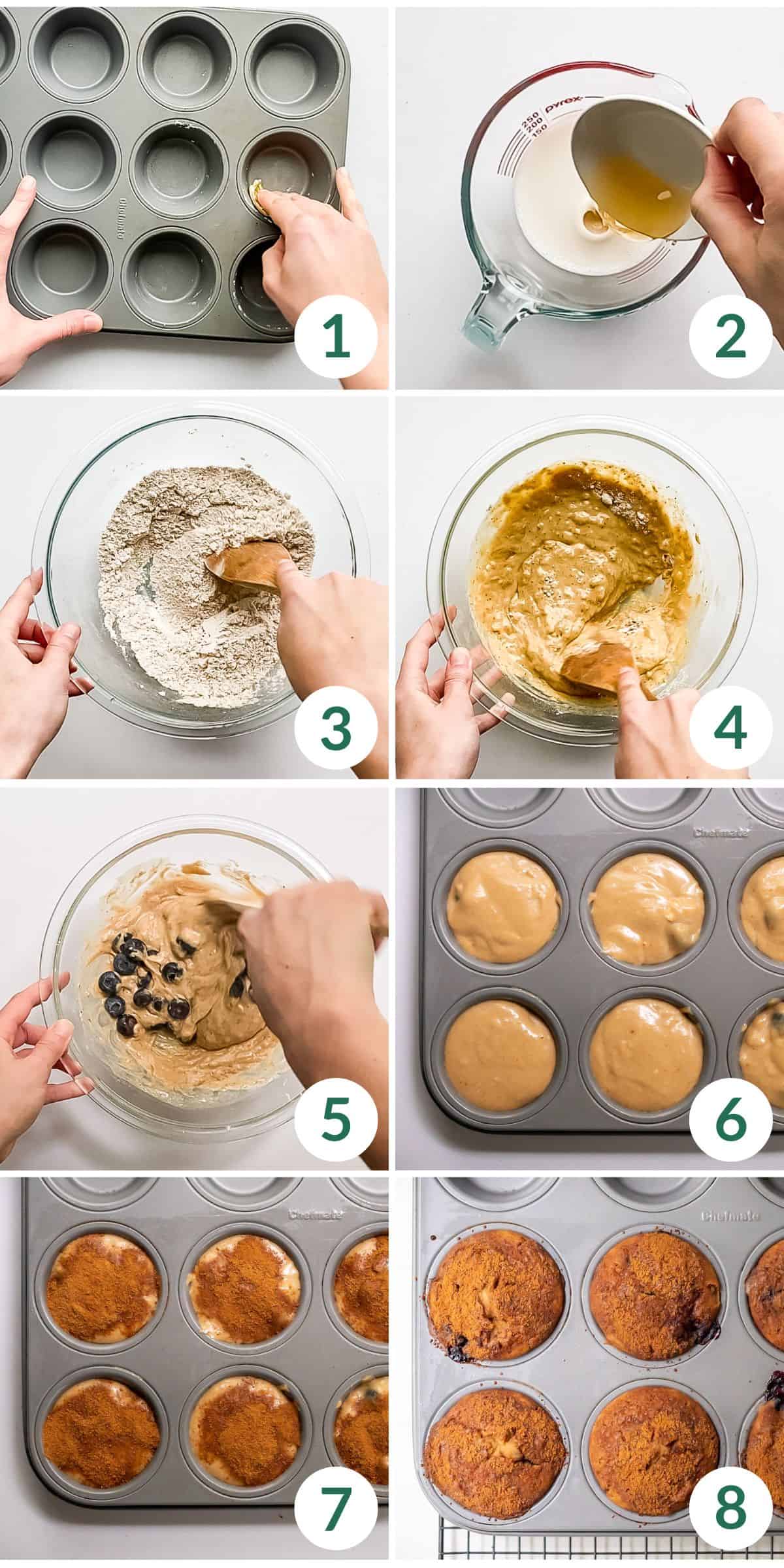 Step by step photos showing how to make gluten-free blueberry muffins in one bowl.