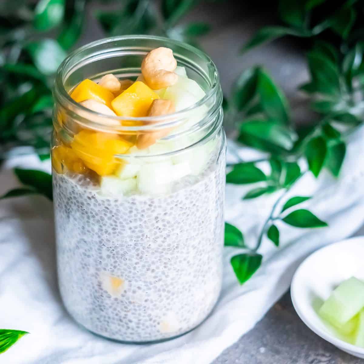 A jar of mango coconut chia pudding topped with fresh mango, honeydew melon, and salted cashews.