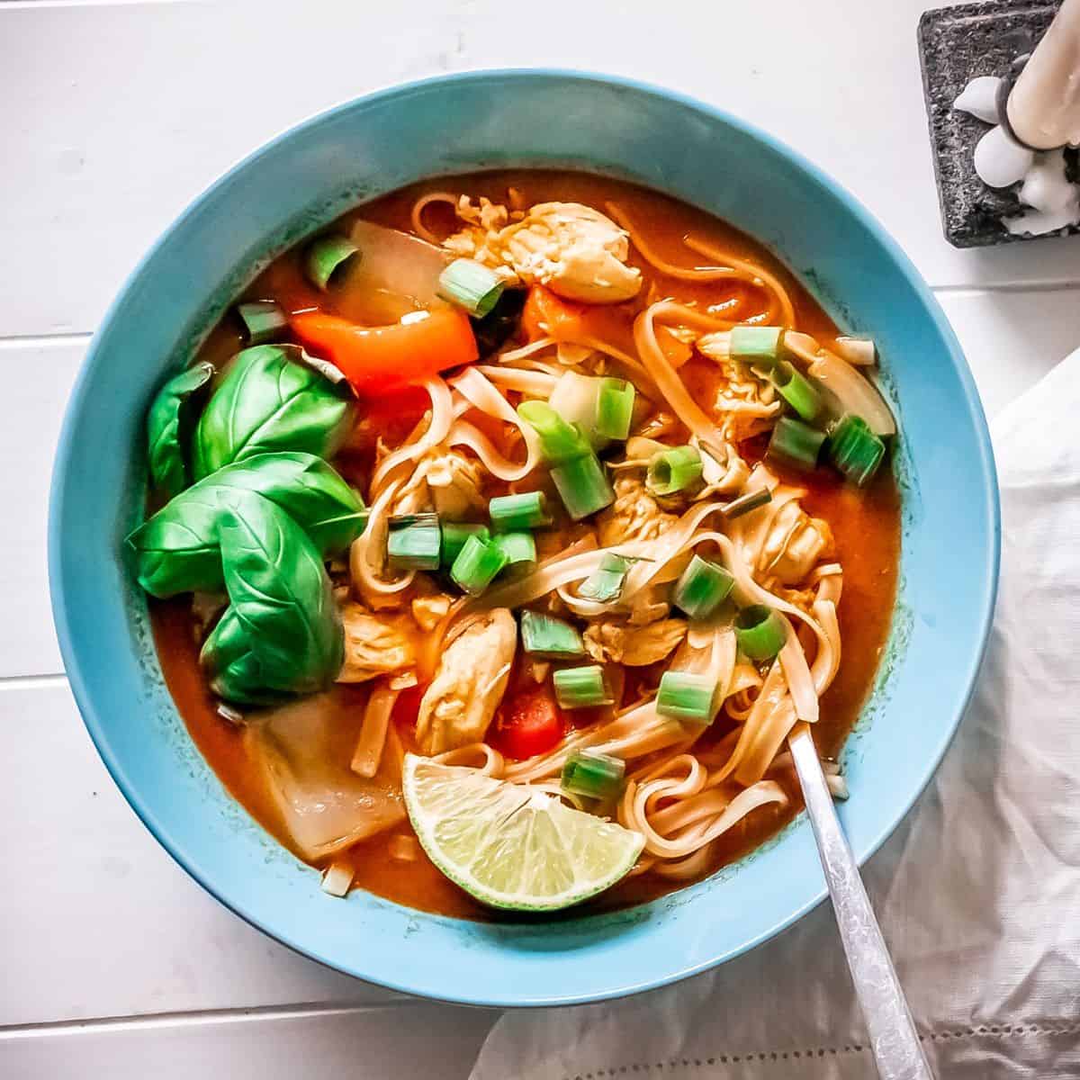 A bowl of red curry soup with rice noodles, chicken, and an assortment of toppings.