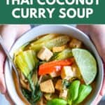 A bowl of Thai coconut curry soup with tofu and toppings.