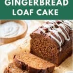 A gluten-free gingerbread loaf cake cut into slices and drizzled with icing.