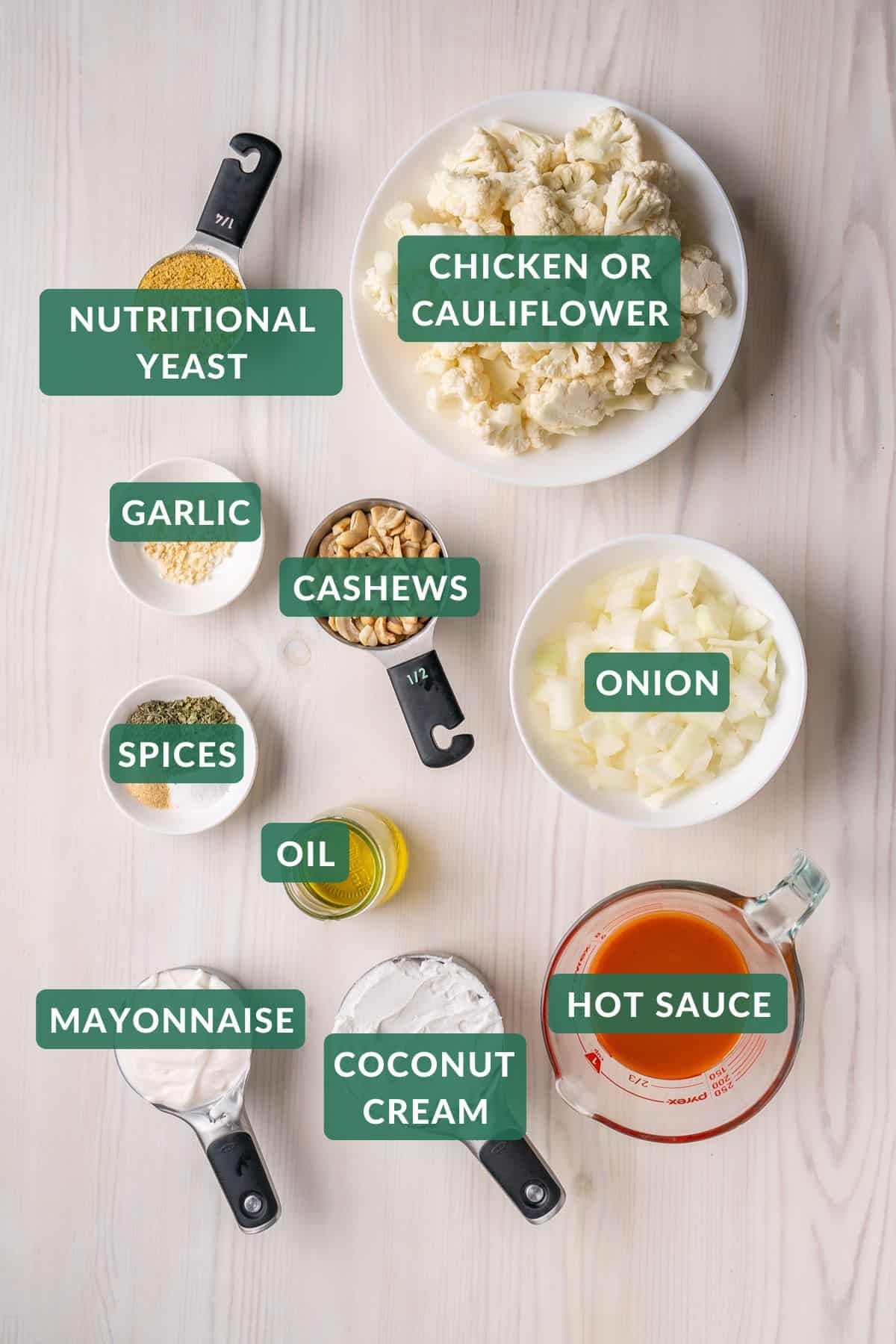 The ingredients needed to make dairy-free buffalo chicken dip.