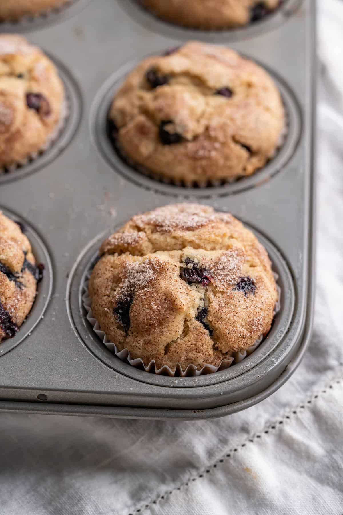 A close up of a gluten-free blueberry muffin cooling in a muffin pan.