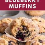 A side view of the inside of a gluten-free blueberry muffin to show the tall top and moist texture.