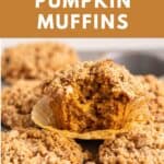 The inside of a gluten-free vegan pumpkin muffin to show the layers of moist pumpkin muffin and crisp streusel topping.