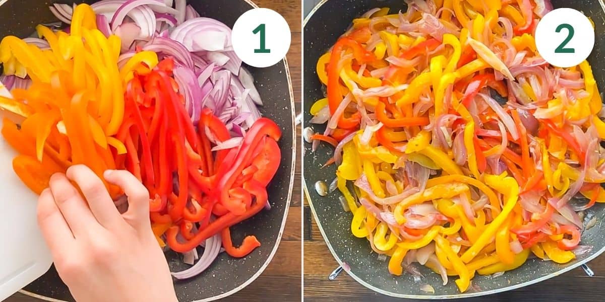 How to make sauteed peppers and onions in two easy steps.