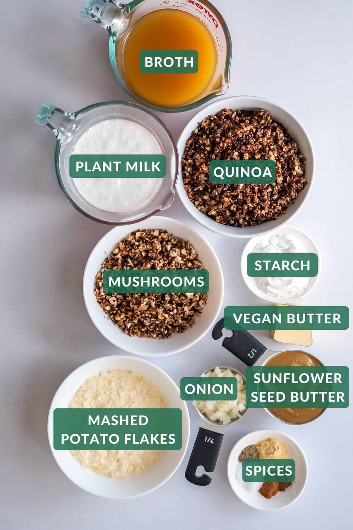 The ingredients needed to make vegan Swedish meatballs.