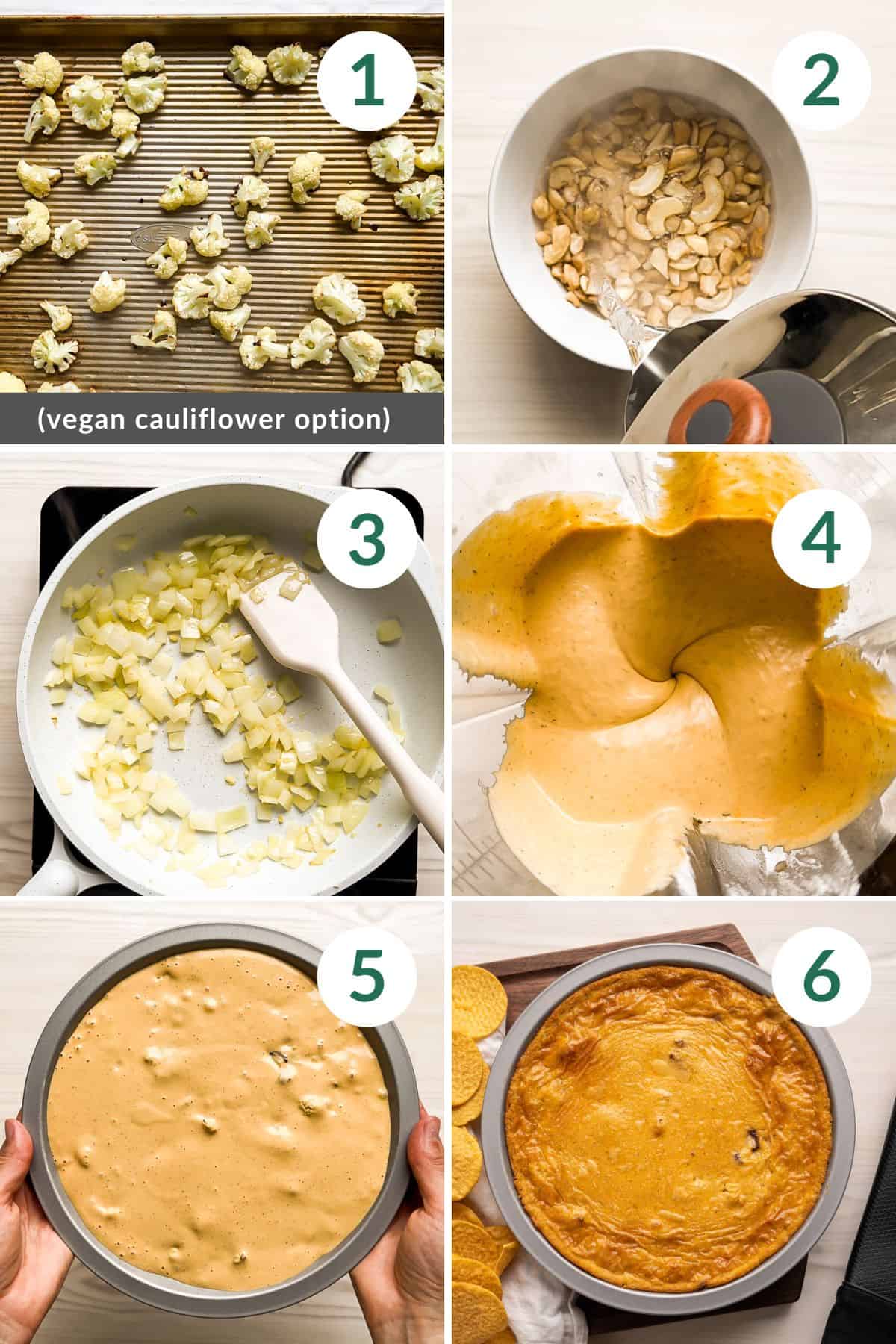 How to make dairy-free buffalo chicken dip or the vegan cauliflower option in six easy steps.