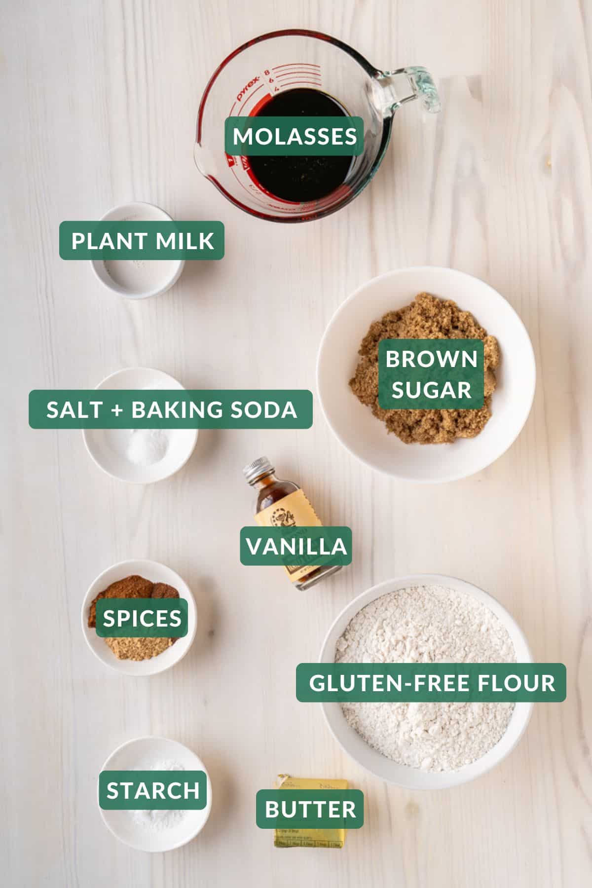 The ingredients needed to make gluten-free gingerbread cookies.