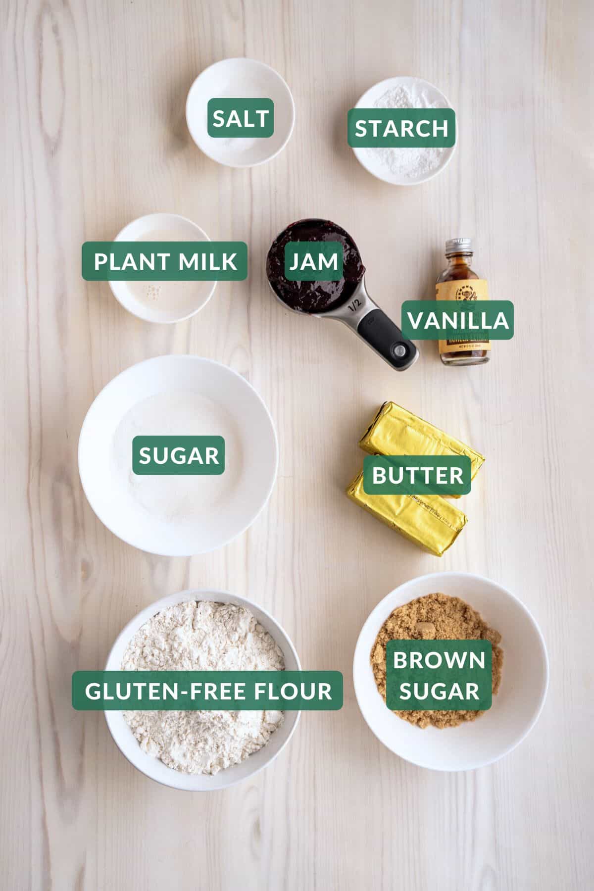 The ingredients needed to make gluten-free thumbprint cookies.