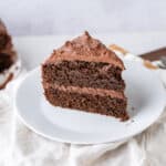 A large slice of vegan gluten-free chocolate cake made with almond flour and gluten-free flour with vegan chocolate frosting.
