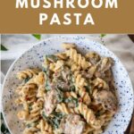 A serving bowl of creamy vegan mushroom pasta.