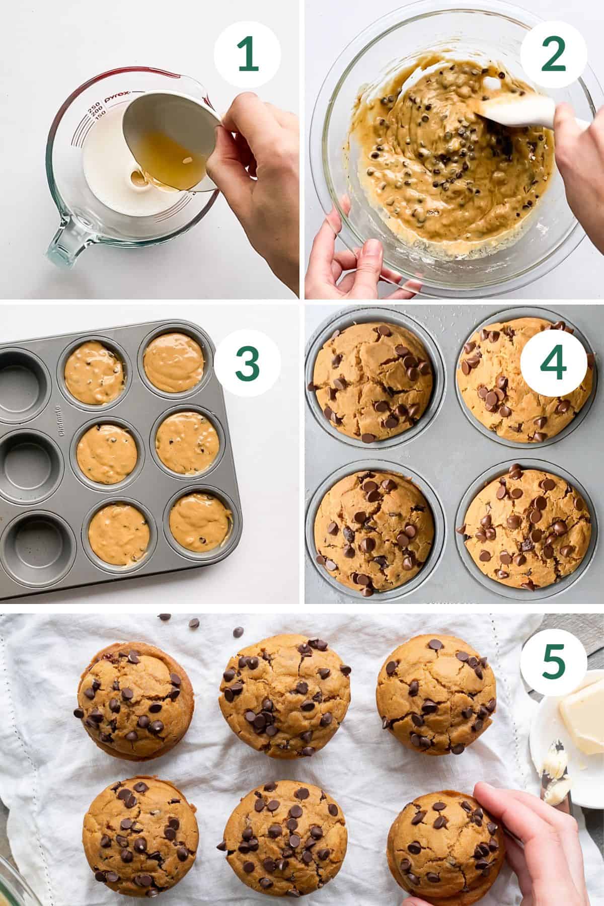 How to make gluten-free chocolate chip muffins in five easy steps.