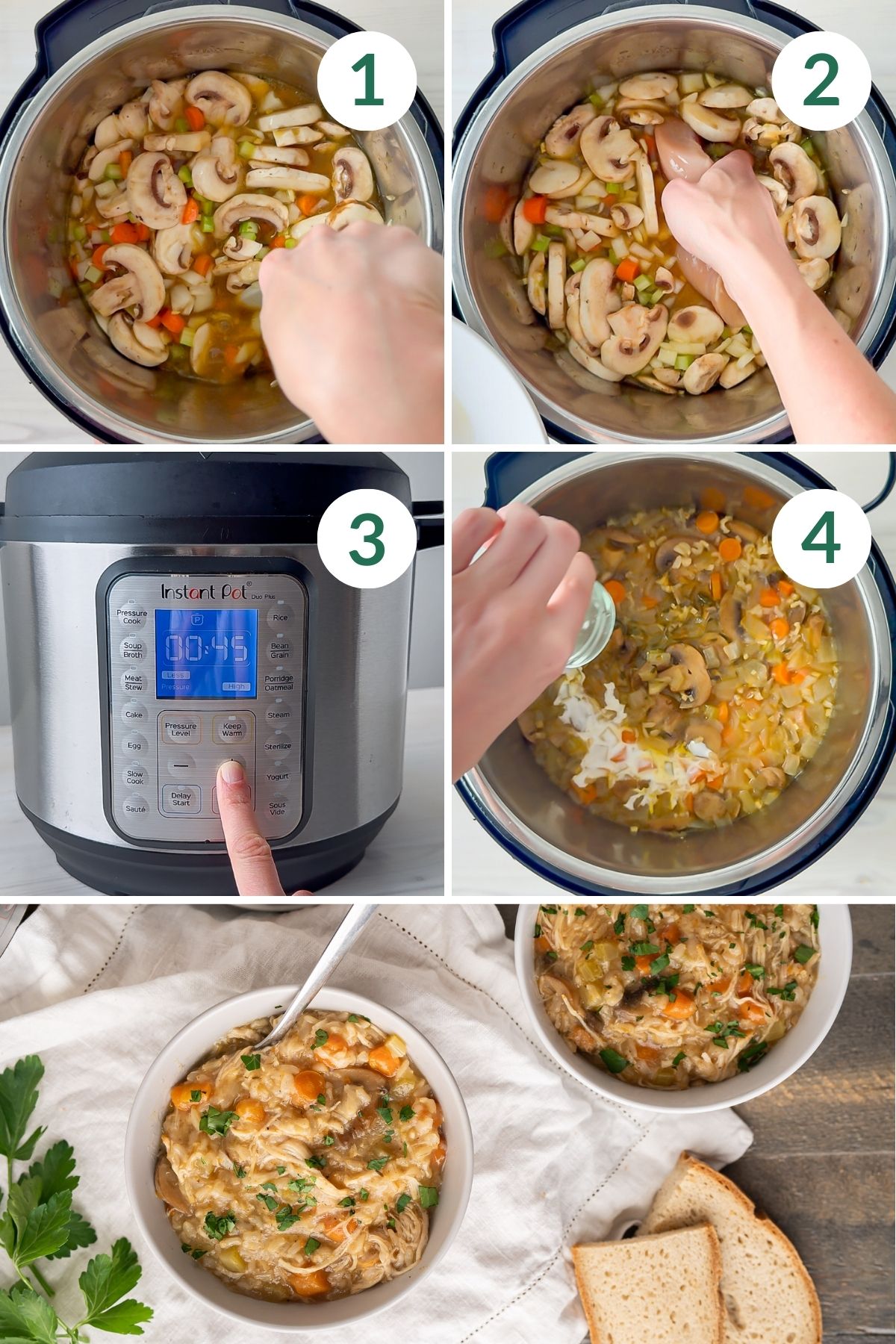How to make Instant Pot chicken and rice soup in four easy steps.