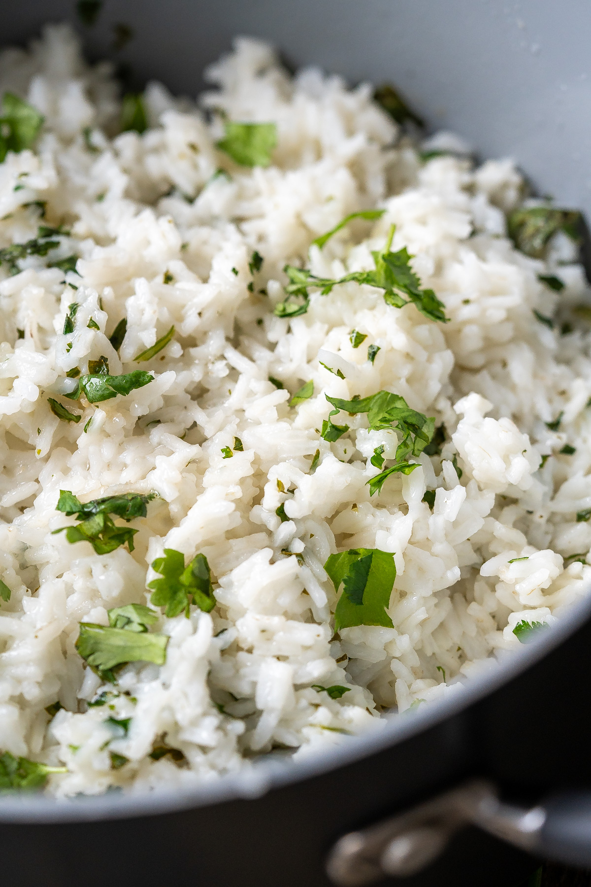 A close up of cilantro lime rice to show the fluffy texture and cilantro pieces mixed throughout.