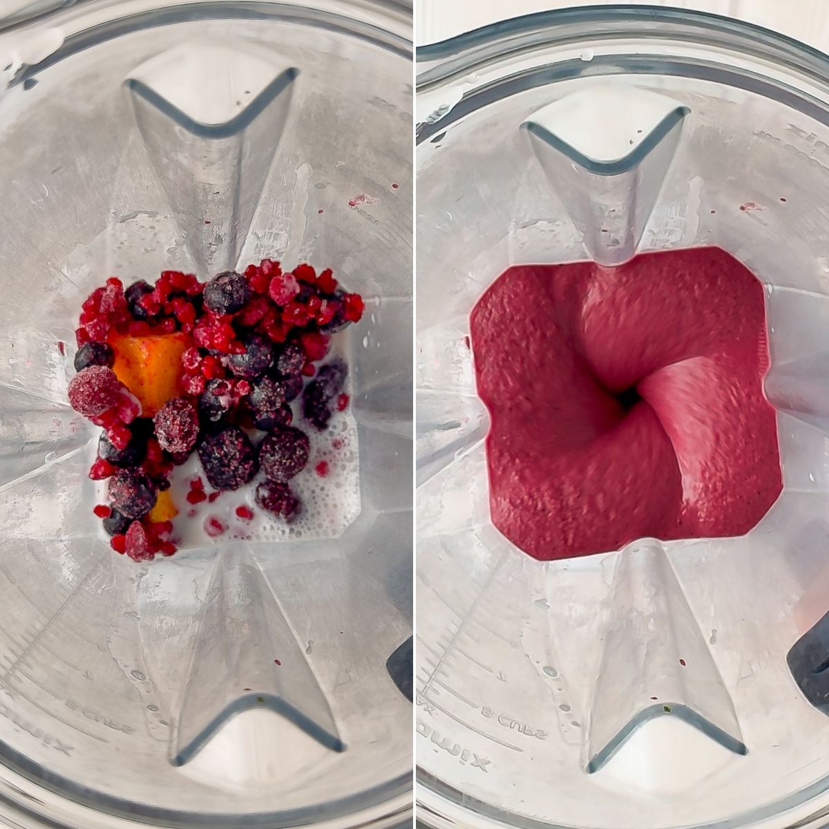How to make a frozen fruit smoothie: before and after blending the ingredients.