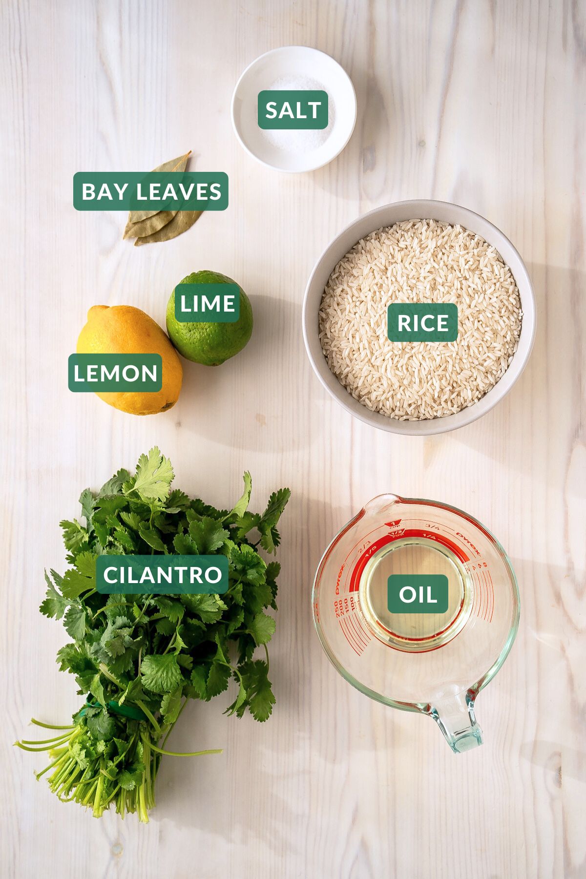 The ingredients needed to make perfect cilantro lime rice.