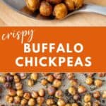 Crispy roasted chickpeas on a sheet pan lined with a silicone liner and a close up to show their crunchy texture.