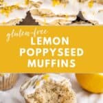 The top of a lemon glazed gluten-free lemon poppyseed muffin and a picture of the moist and soft inside.