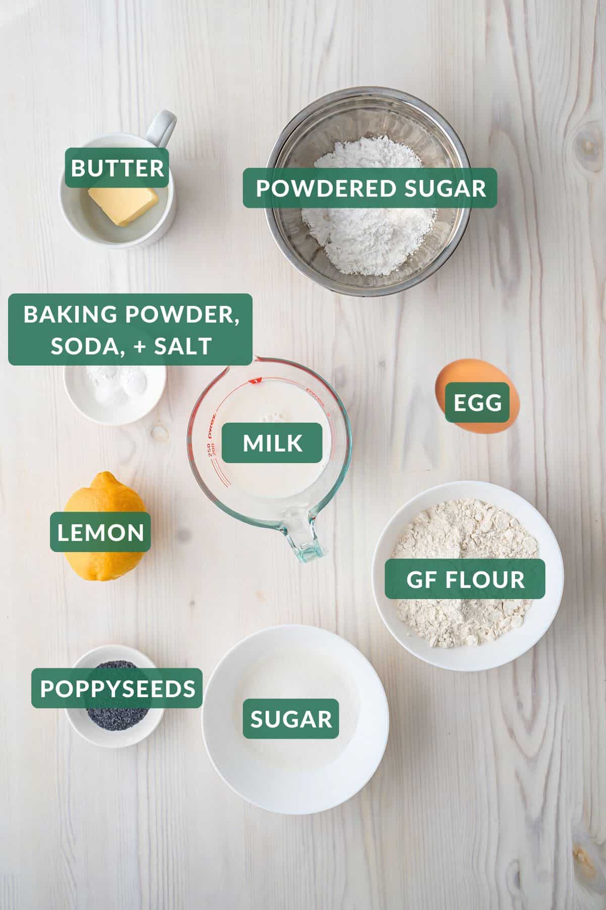 The ingredients needed to make gluten-free lemon poppyseed muffins.