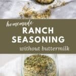 A close up of homemade vegan ranch seasoning mix in a large spice jar.