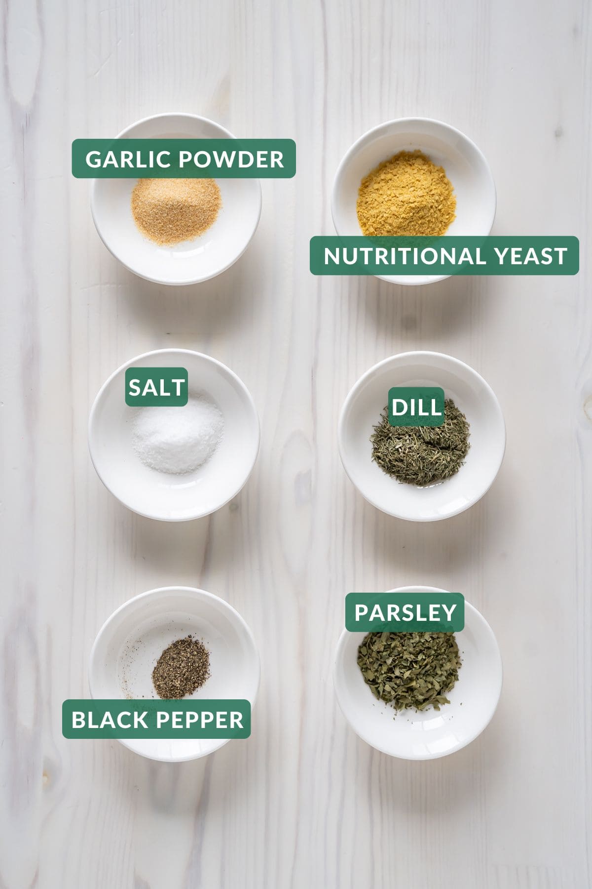 The six spices needed to make homemade ranch seasoning without buttermilk.