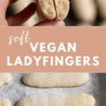 Vegan ladyfingers cooling on a pan and one broken in half to show the soft and spongy texture.