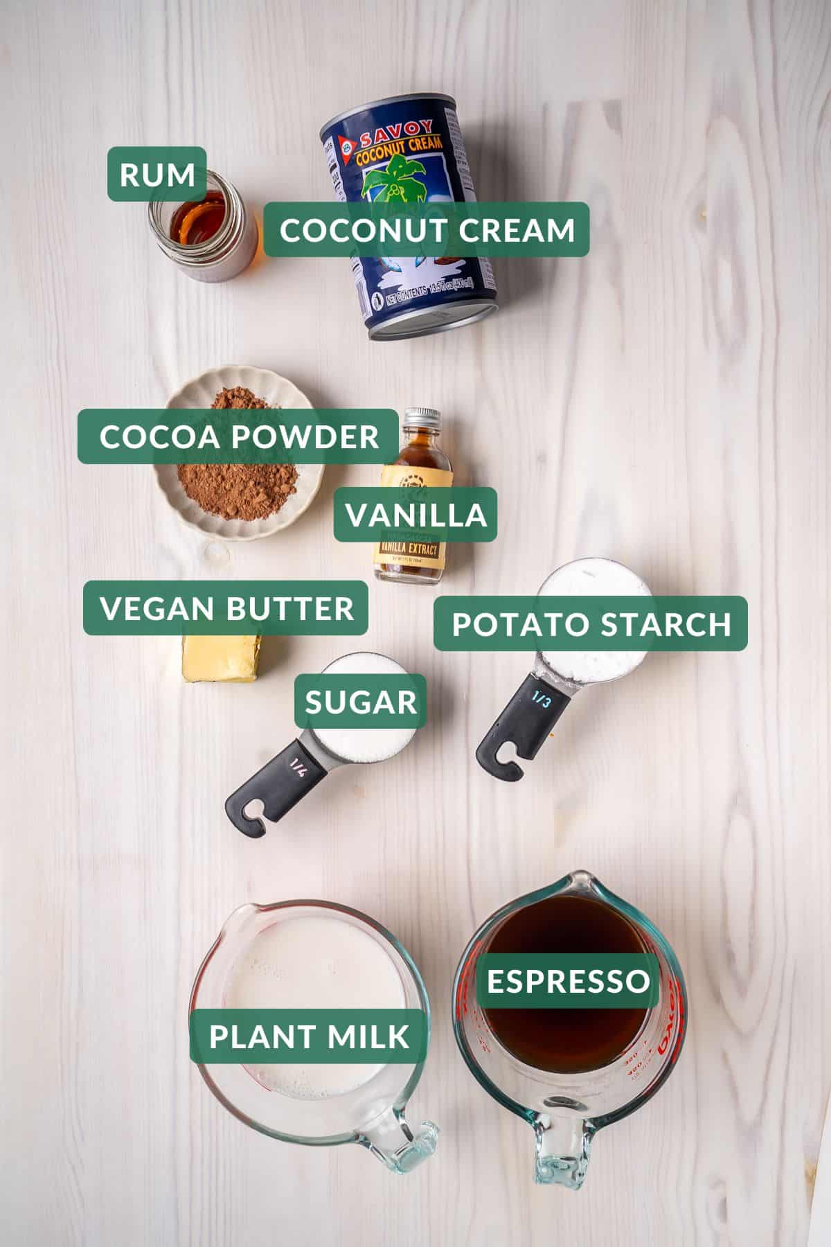 The ingredients needed to make vegan tiramisu.