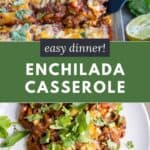 A serving of enchilada casserole on a plate and lifting a piece out of the baking dish.