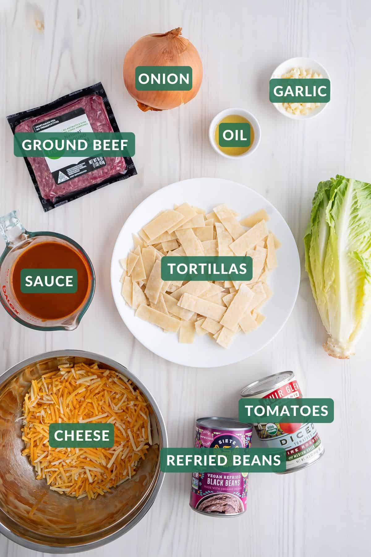 The simple ingredients needed to make an easy enchilada casserole.