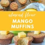 A full batch of gluten-free mango muffins and the inside of a mango muffin to show the soft and moist texture.